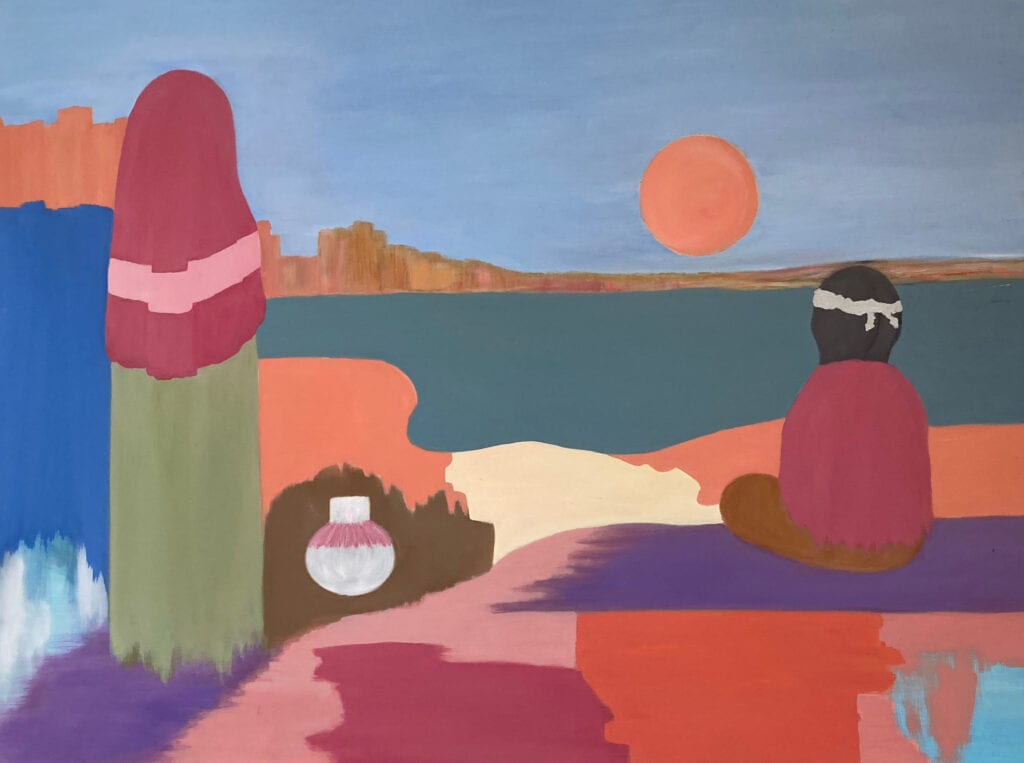 painting of an Arizona sunset with two people